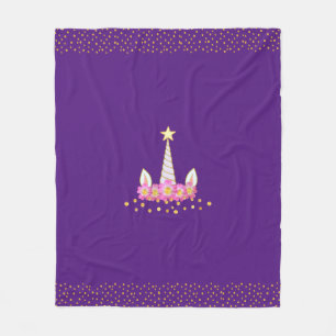 Unicorn, flowers & golden confetti on royal purple fleece blanket
