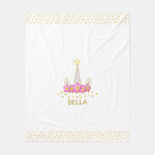 Unicorn, flowers & golden confetti on white fleece blanket
