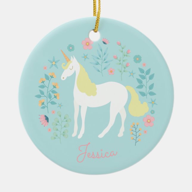 Unicorn Flowers Pink Aqua Personalized Ceramic Ornament (Front)