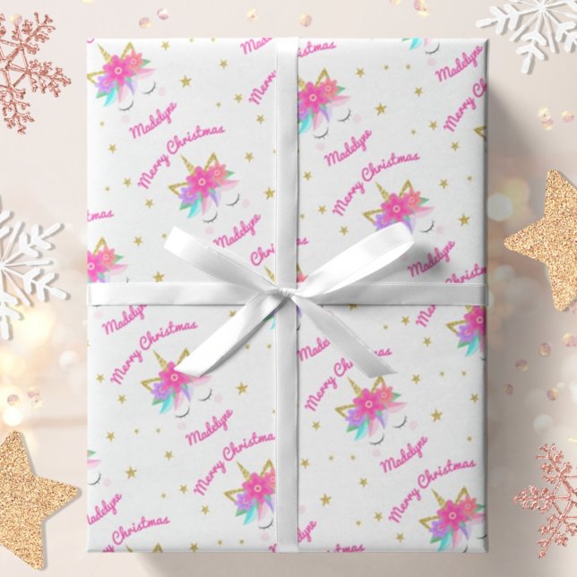 Unicorn Flowers Pink Personalized Christmas Wrapping Paper (Creator Uploaded)