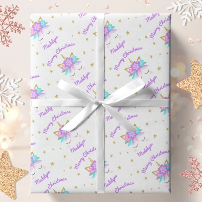 Unicorn Flowers Purple Cute Personalized Christmas Wrapping Paper (Creator Uploaded)