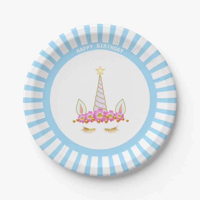 Unicorn, Flowers & Rays on Light Blue Birthday Paper Plate (Front)