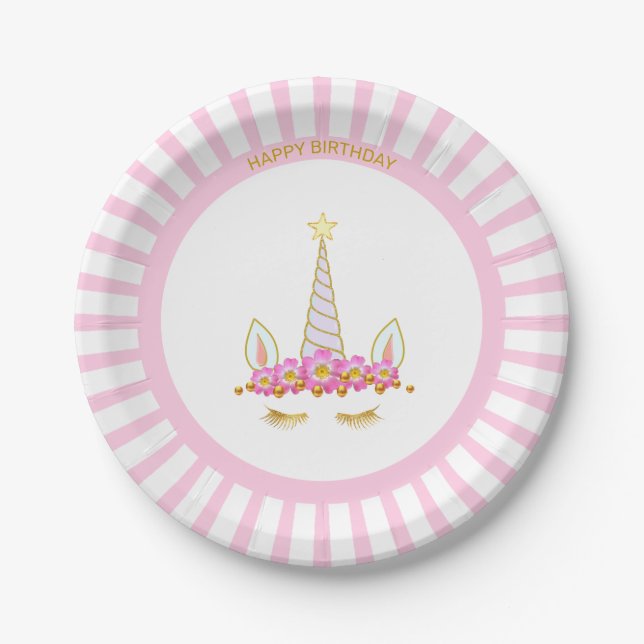 Unicorn, Flowers & Rays on Pink Birthday Paper Plate (Front)