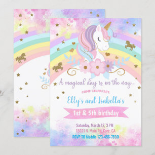 Unicorn & flowers siblings birthday invitation. invitation