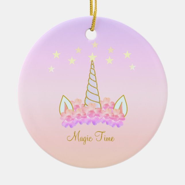 Unicorn Flowers & Stars Ceramic Ornament (Front)