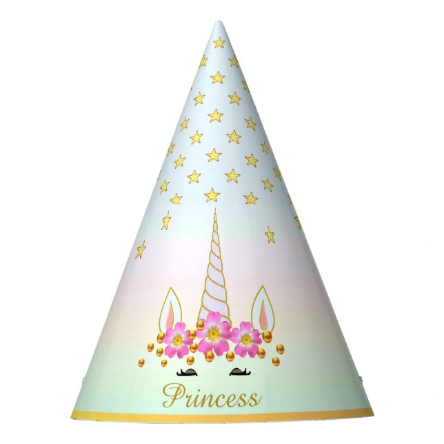 Unicorn, Flowers, Stars & Gold Confetti Party Hat (Front)
