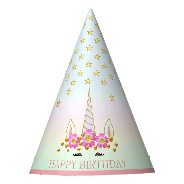 Unicorn, Flowers, Stars & Gold Confetti Party Hat (Front)