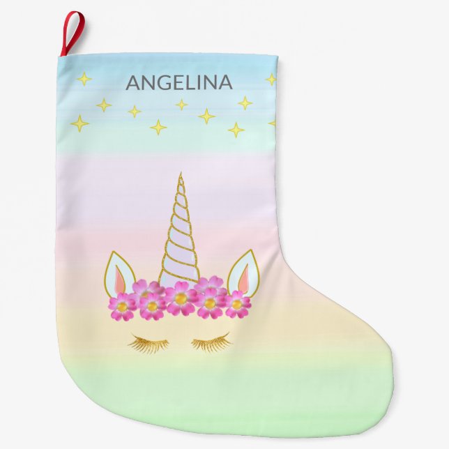 Unicorn Flowers & Stars Large Christmas Stocking (Front)
