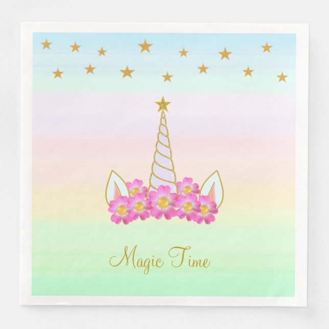 Unicorn Flowers & Stars on Pastel Colours Napkin (Front)