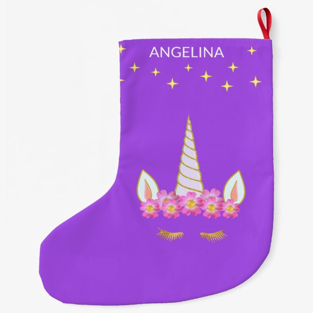 Unicorn Flowers & Stars on Violet Large Christmas Stocking (Back)