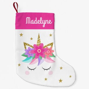 Unicorn Flowers Stars Personalized Name Pink Small Christmas Stocking