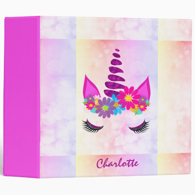 Unicorn Flowery Super Cute Girly Personalized Binder (Front/Spine)