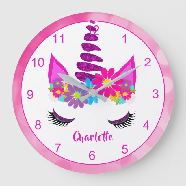 Unicorn Flowery Super Cute Girly Personalized Larg Large Clock (Front)