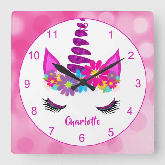 Unicorn Flowery Super Cute Girly Personalized Square Wall Clock (Front)