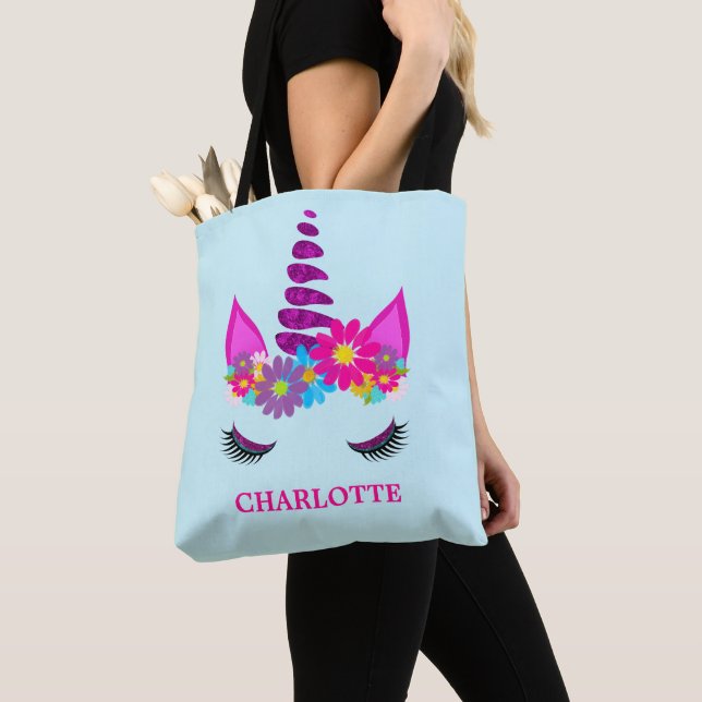 Unicorn Flowery Super Cute Girly Personalized Tote Bag (Close Up)