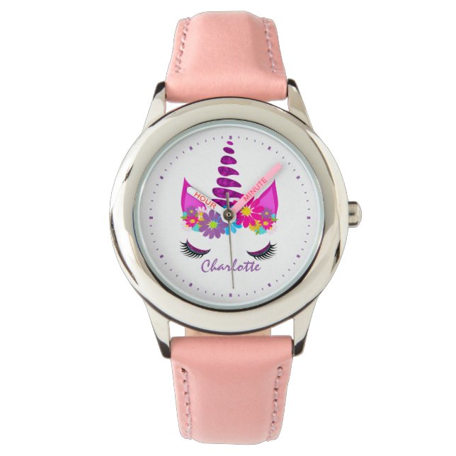 Unicorn Flowery Super Cute Girly Personalized Watch (Front)