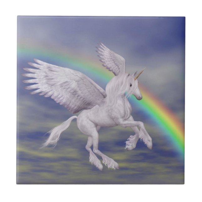 Unicorn Flying Over Rainbow Animal Art Tile (Front)