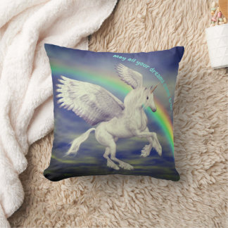 Unicorn Flying Over Rainbow Dreams Inspirational Throw Pillow