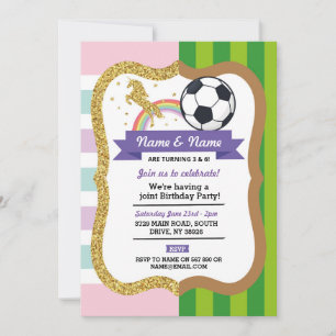 Unicorn & Football Joint Birthday Girl Boy Sports Invitation