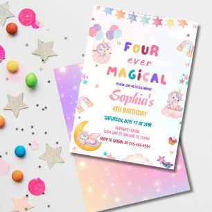 Unicorn Four Ever Magical 4th Birthday Invitation