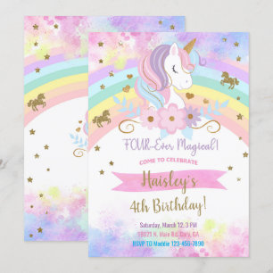 Unicorn four-ever magical birthday invitation. invitation