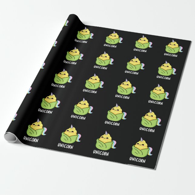 Unicorn Funny Baby Corn Pun Dark BG Wrapping Paper (Unrolled)