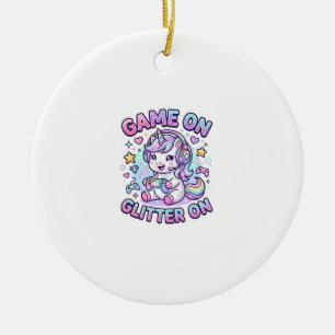 Unicorn Game On Glitter On Graphic Design Merch De Ceramic Ornament