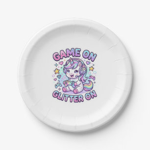 Unicorn Game On Glitter On Graphic Design Merch De Paper Plate