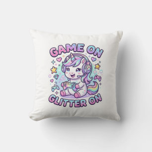 Unicorn Game On Glitter On Graphic Design Merch De Throw Pillow