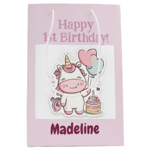 Unicorn Gift Wrap, 1st Birthday Girl, Personalized Medium Gift Bag