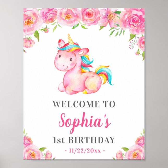 Unicorn Girl 1st First Birthday Party Pink Welcome Poster (Front)