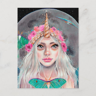 Unicorn Girl and her Luna Moths, Original art Postcard