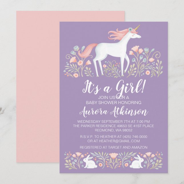 Unicorn Girl Baby Shower Invitation (Front/Back)