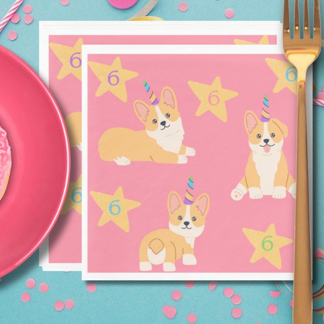Unicorn Girl Birthday, Corgi Custom Age Napkin (Creator Uploaded)