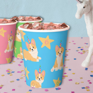 Unicorn Girl Birthday, Corgi Custom Age Paper Cups
