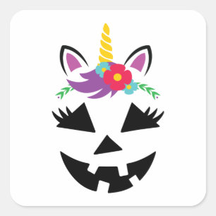 Unicorn Girl Jack o Lantern Pumpkin Face Halloween Square Sticker