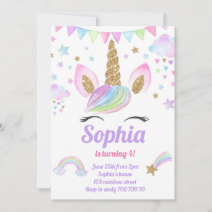 Unicorn Girl Magical Pastel Rainbow Pink Birthday Invitation