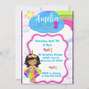 Unicorn girls 3rd birthday party invitation