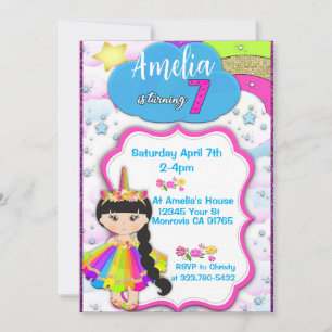 Unicorn girls 7th birthday party invitation
