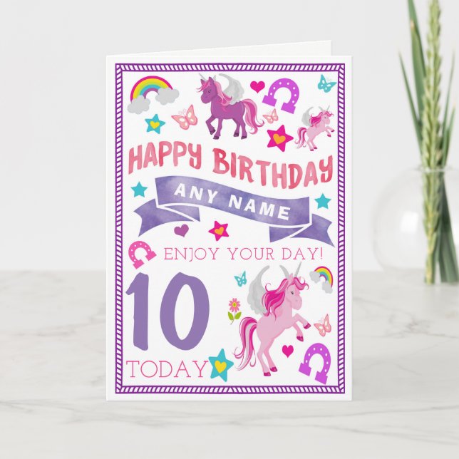 Unicorn Girls Personalised Birthday Card (Front)