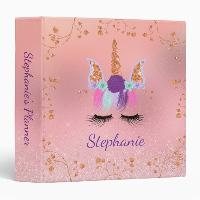 Unicorn Girly Blush Pink Glitter Rose Gold Binder (Front/Spine)