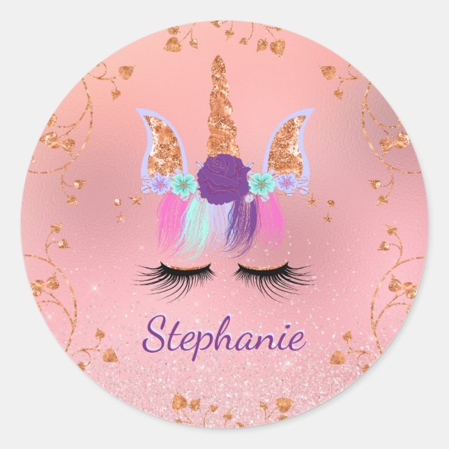 Unicorn Girly Blush Pink Glitter Rose Gold Classic Round Sticker (Front)