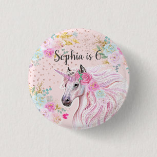 Unicorn Girly Pink Floral Gold Glitter Name Age 1 Inch Round Button
