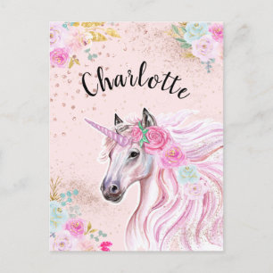Unicorn Glam Pink Teal Floral Gold Glitter Name Postcard
