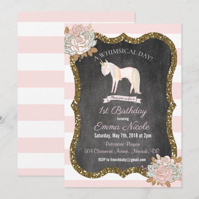 Unicorn Glitter 1st First Birthday Invitation (Front/Back)