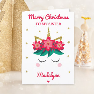 Unicorn Glitter Christmas For Sister Holiday Card