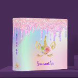 Unicorn glitter drips holographic monogram binder<br><div class="desc">A trendy holographic background with unicorns and rainbow pastel colors in pink, purple, rose gold, mint green. Decorated with faux glitter drips in rose gold, pink and purple and a cute abstract unicorn head with lashes in faux gold and pink. Personalize and add a name, purple colored letters and your...</div>