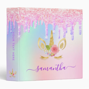 Unicorn glitter drips holographic rainbow monogram binder