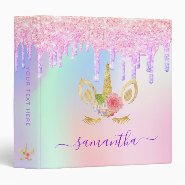 Unicorn glitter drips holographic rainbow monogram binder (Front/Spine)