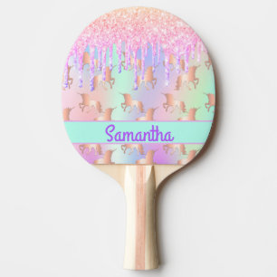 Unicorn glitter drips pink girl name ping pong paddle